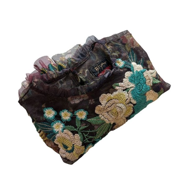 Johnny Was MEDIUM Renley Floral Embroidered Sheer Ruffle 3/4 Length Sleeve Top - Picture 11 of 12